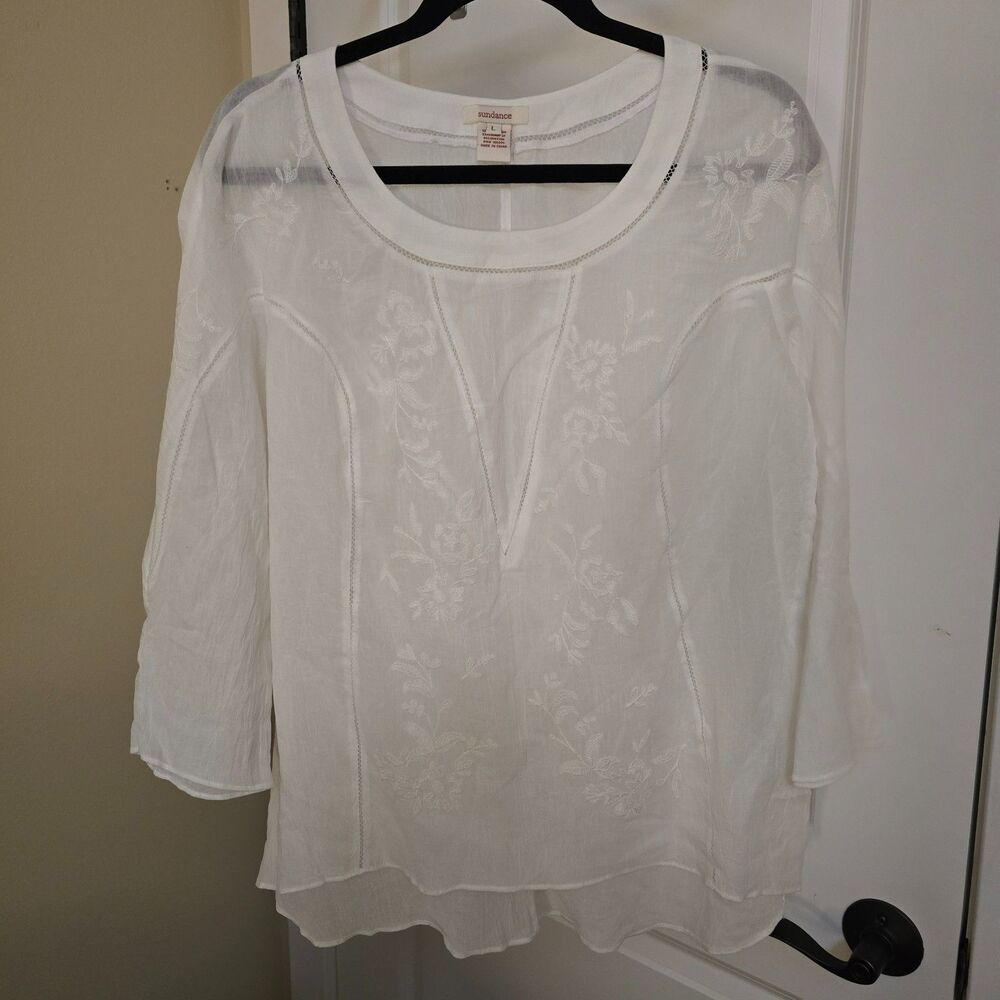 Sundance White Boho Embroidered Cotton Tunic Sz Large
